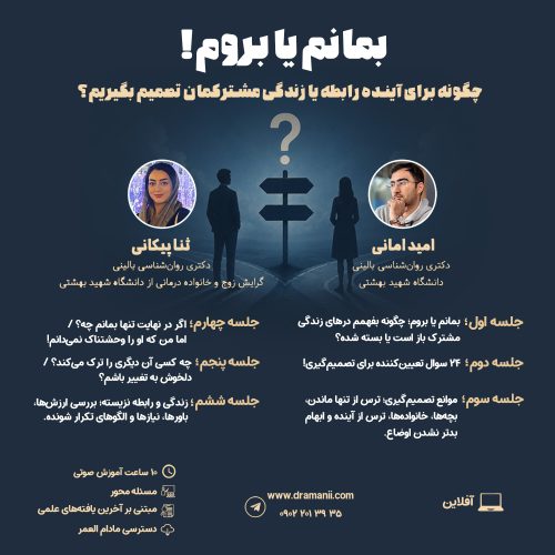کارگاه آفلاین بمانم یا بروم؛ آموزش تصمیم‌گیری درباره آینده رابطه و زندگی مشترک با تدریس دکتر امید امانی و دکتر ثنا پیکانی